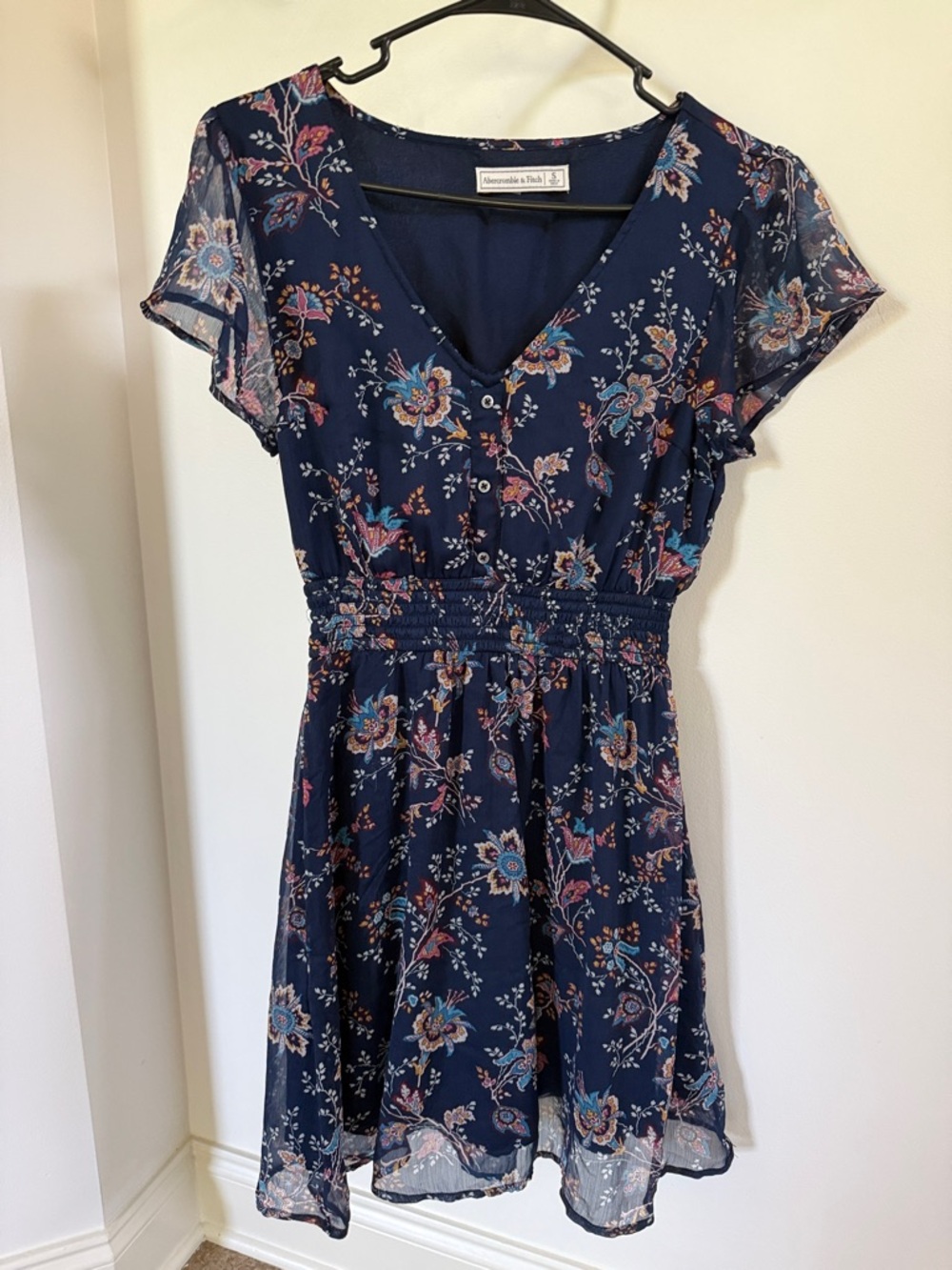 Abercrombie & Fitch Navy Floral V-Neck Smocked-Waist Mini Dress